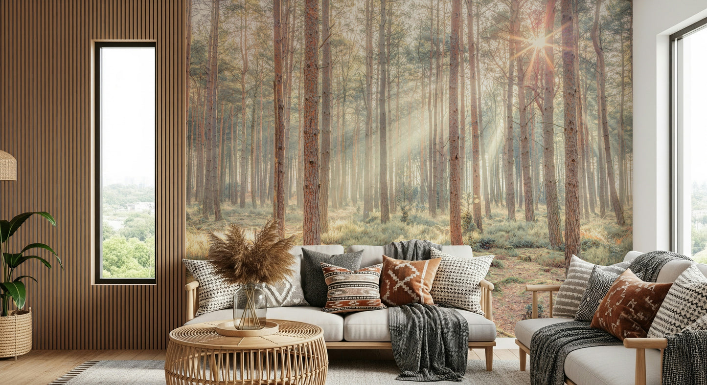 Sunrise's Kiss in the Misty Forest Wall Mural
