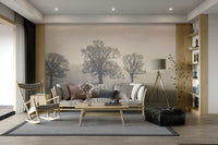 Minimalist foggy woods mural in pale gray hues

