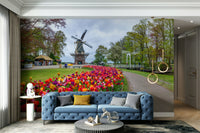 Floral landscape mural featuring windmill and blooms

