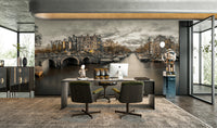 Amsterdam evening canal mural with bridge view

