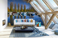 Blue water boating marina with moored vessels mural

