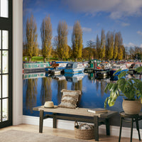 Calm boating dock wallpaper mural with reflections

