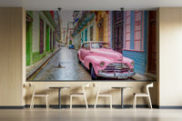Havana street scene wall mural with antique car

