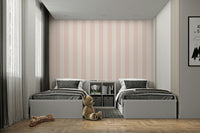 Pastel pink wallpaper with neutral beige stripes

