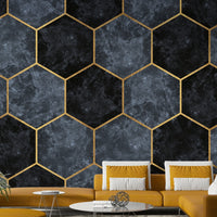 Soft blue hexagon wall mural with gold accents

