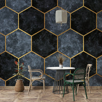 Elegant blue and gold honeycomb mural for interiors

