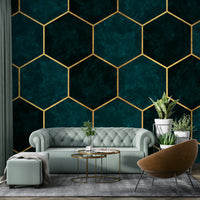 Geometric teal and gold wall design

