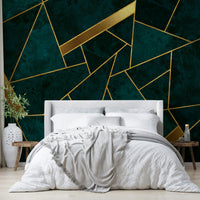 Rich teal background mural with golden geometric lines

