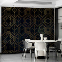 Striking charcoal black Art Deco mural with bold, abstract shapes

