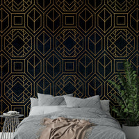 Bold Abstract Art Deco mural in deep charcoal black tones

