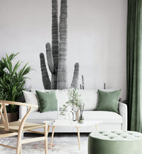 Desert cactus wall mural in dramatic black and white.

