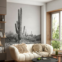 Stylish black and white cactus mural for home decor.

