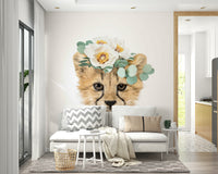 Cheetah cub in a floral garden mural for playful decor


