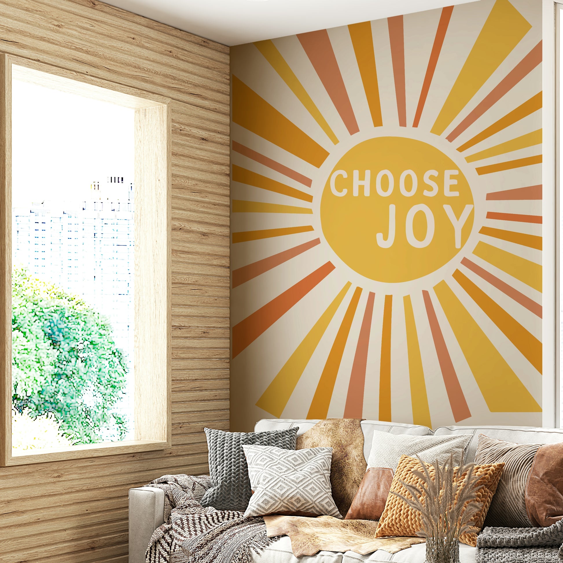 Colorful Choose Joy wall mural in yellow and orange hues

