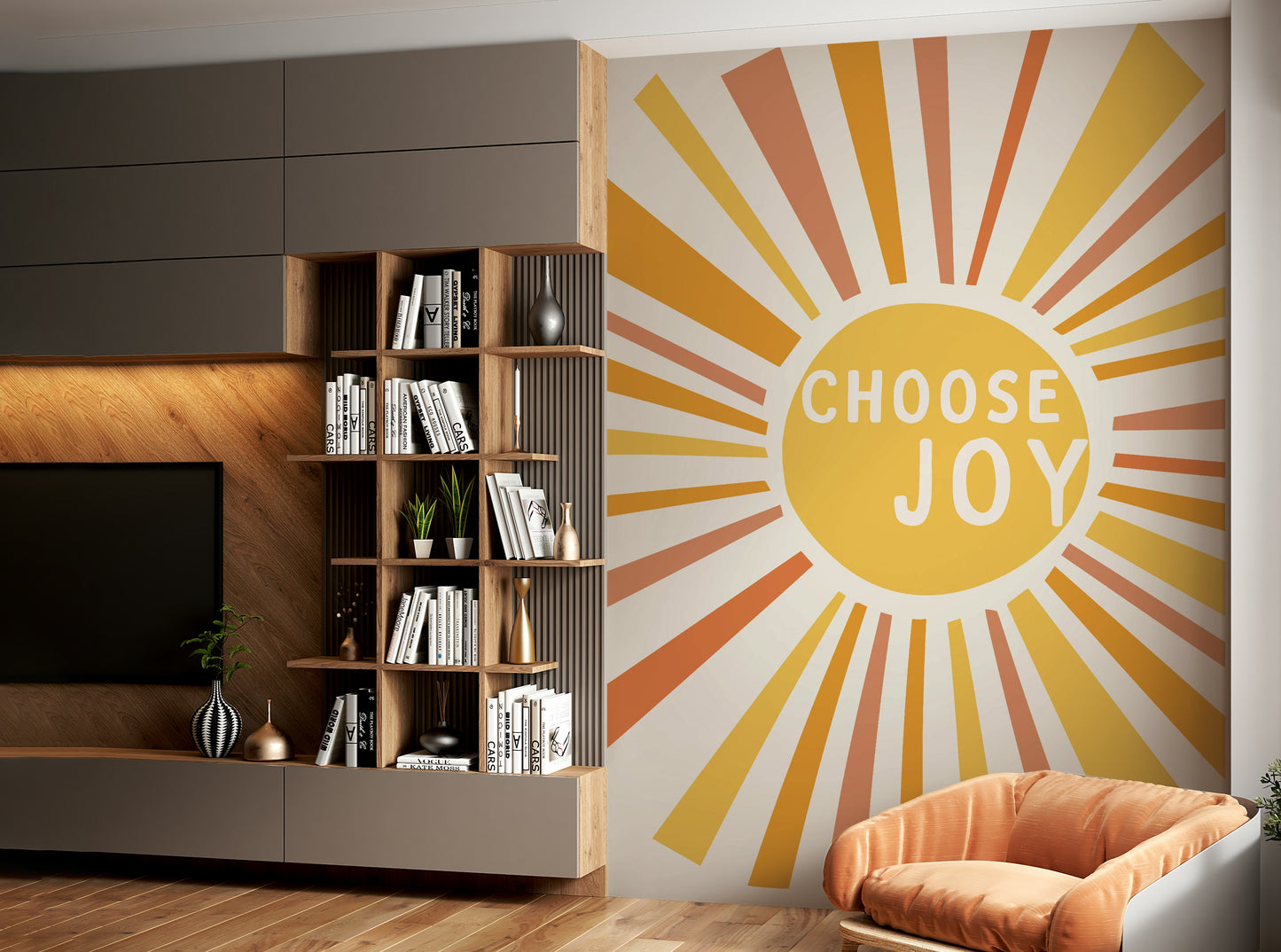 Inspirational Choose Joy mural with radiant sunburst

