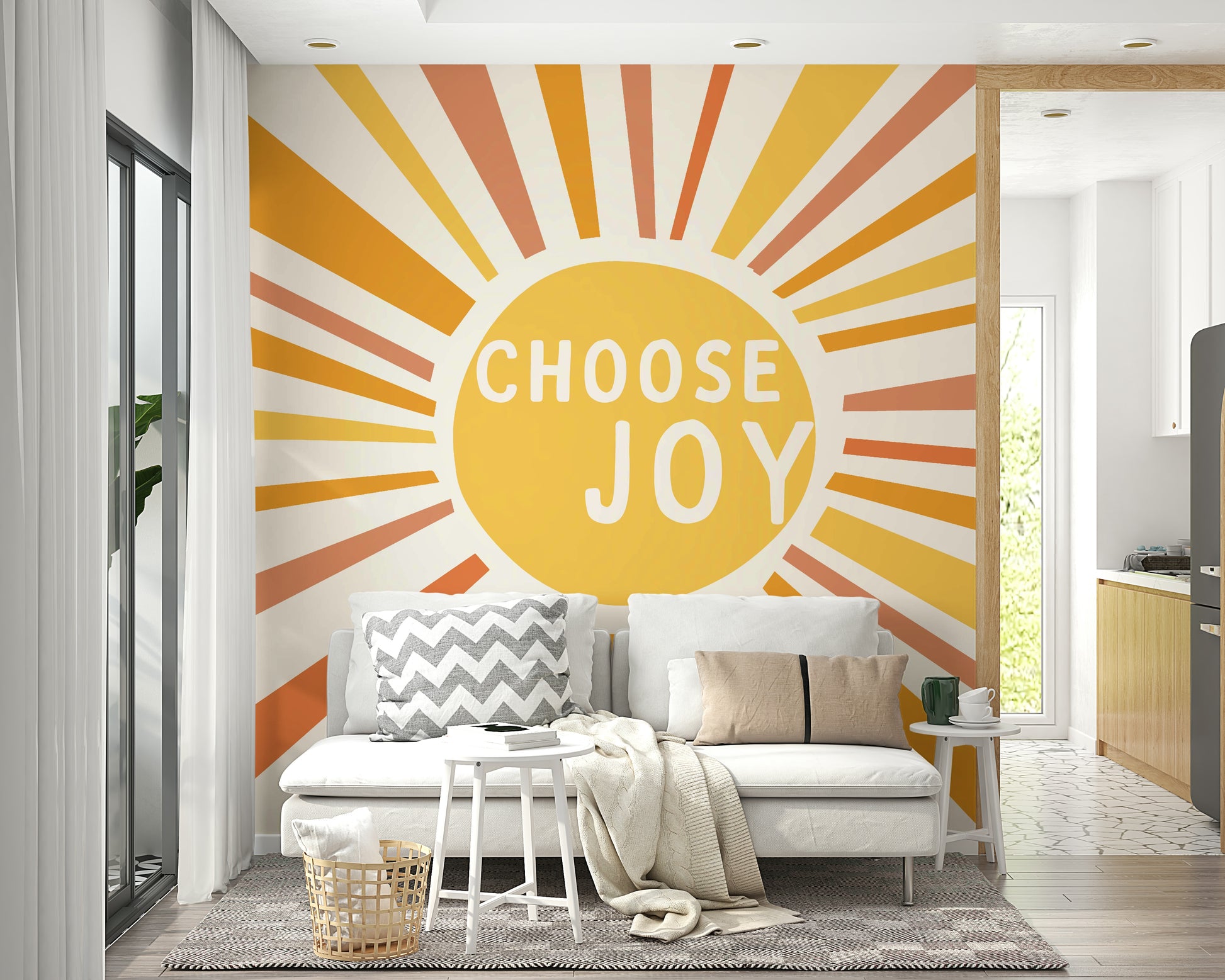 Choose Joy mural with vibrant yellow and orange rays

