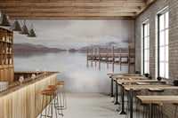 Serene lakeside pier mural adding calmness to any room.

