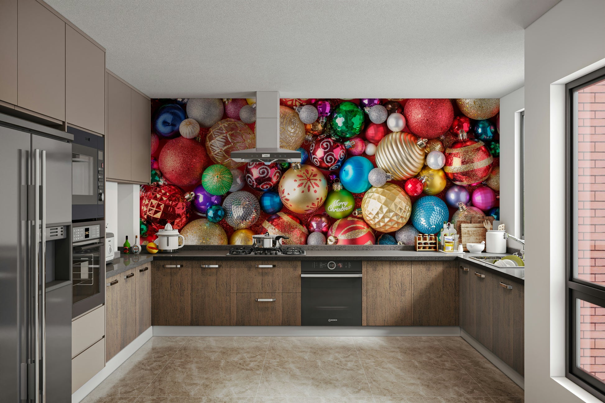 Seasonal wall mural with Christmas decor

