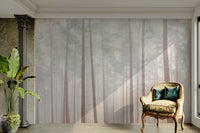 Calm pine tree mural in foggy setting

