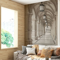 Wallpaper with stone pillars and hanging lamps

