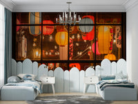 East Asian lanterns mural in warm tones

