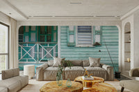 Aqua vintage facade wall mural with peeling paint.

