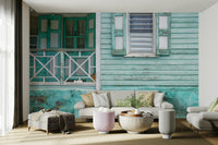 Aqua and white house facade wall mural.

