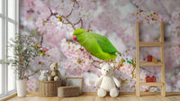 Colorful bird and floral mural with fresh pink and green tones.

