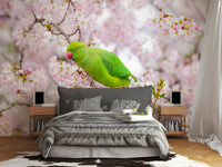 Wallpaper featuring vivid green parakeet in spring blossoms.

