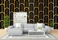 Elegant black and gold wallpaper mural with vintage-inspired lines.

