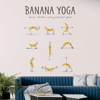 Cheerful bananas stretching in a quirky yoga wall mural.

