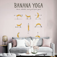 Light-hearted banana yoga wallpaper for playful spaces.

