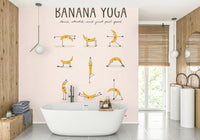 Cartoon-style mural of bananas performing yoga on a soft background.

