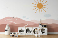 Wall mural with whimsical scenery and a castle in the distance.

