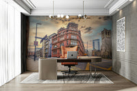 Old town wall mural scene

