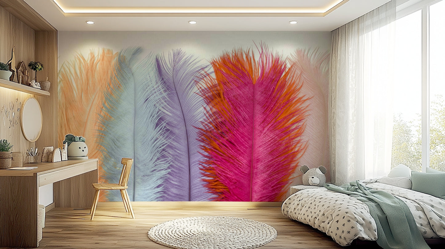 Playful pastel feathers in wall mural for bedroom walls

