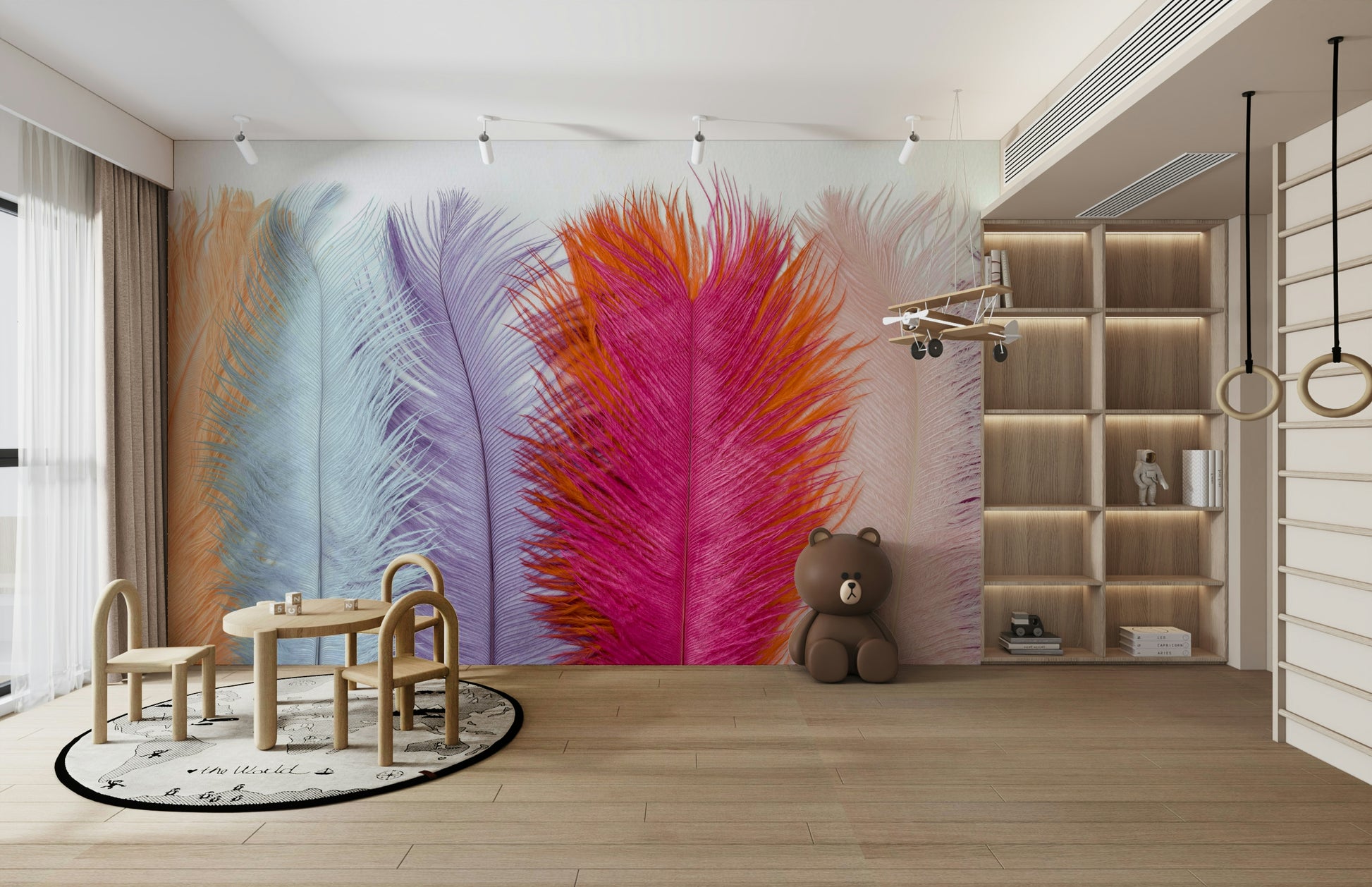 Feather design mural with pastel hues for peaceful spaces

