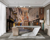 Charming twilight townscape mural for bedroom walls


