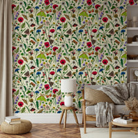 Soft nature-themed wallpaper with moths and wildflowers

