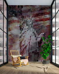 Modern design wall mural featuring Statue of Liberty in red

