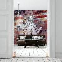 Statue of Liberty in red tones on modern art-inspired mural

