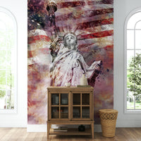 Artistic Statue of Liberty mural with a vibrant red backdrop

