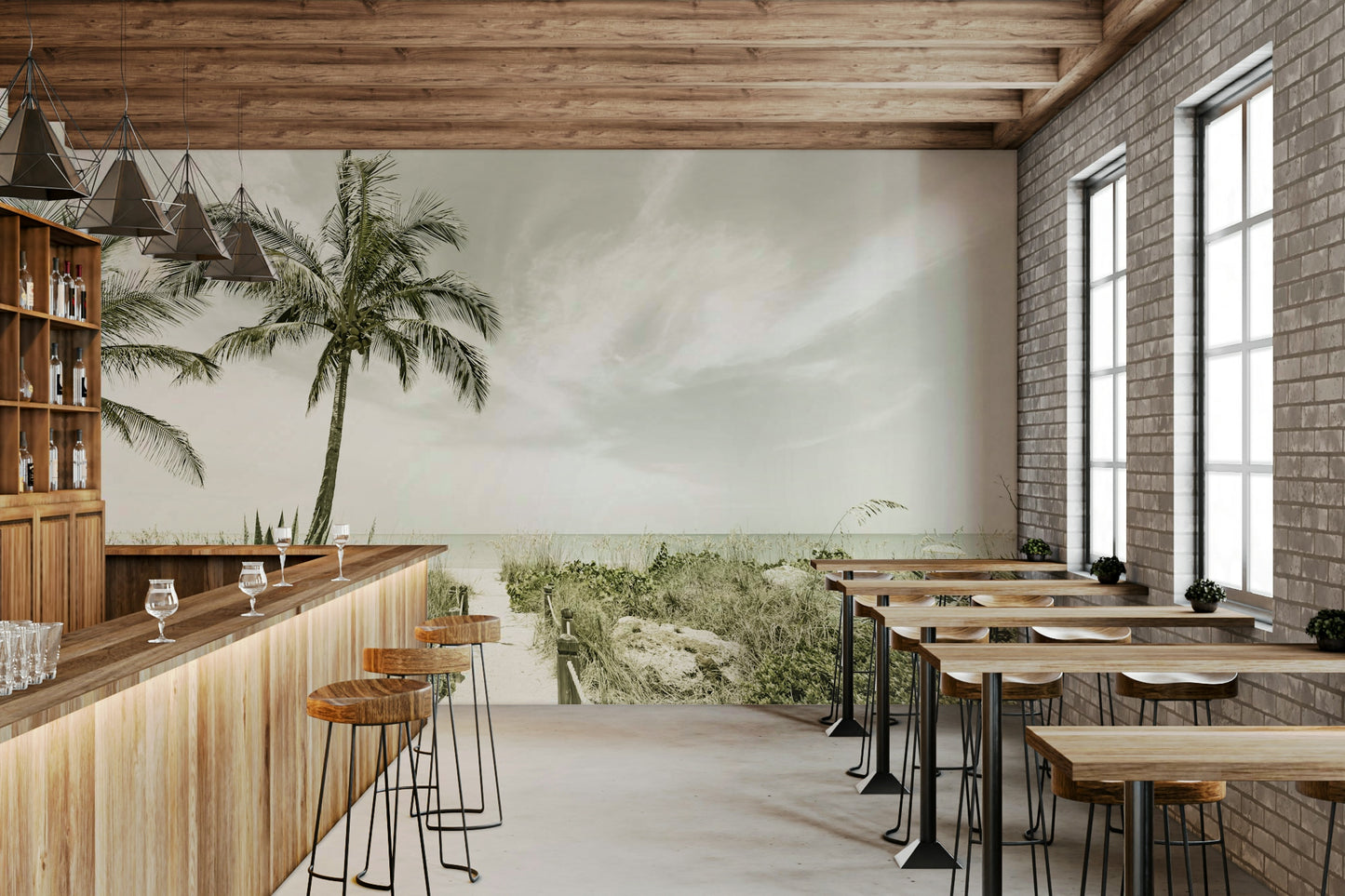 Soft vintage beach scene mural with serene tones

