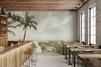 Soft vintage beach scene mural with serene tones

