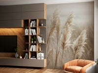 Serene coastal mural with pampas grass and ocean view

