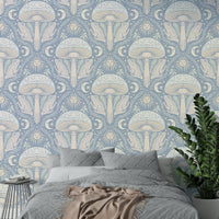 Toadstool and mushroom wallpaper in soft pastels

