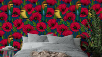 Red poppies and bee-eaters wallpaper on dark blue

