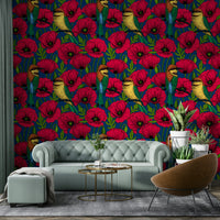 Red poppies and bee-eaters wallpaper for interiors


