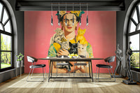 Peaceful wall mural with botanical and feline charm

