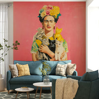 Soft neutral tones in mural of muse and feline friends

